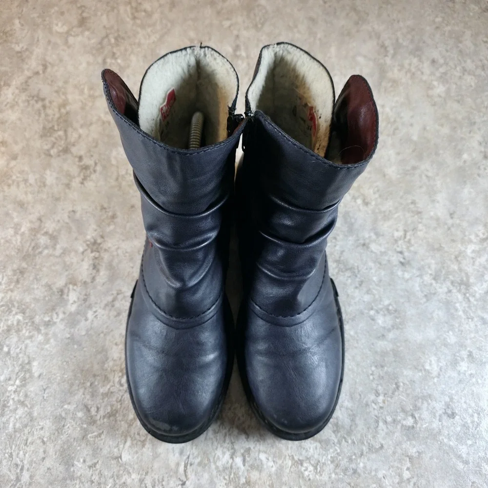 Rieker Navy Leather Moto Ankle Boots Black Red‎ Comfort Sole Size 38 / 7.5 - 8